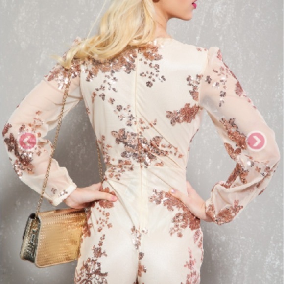 Rose Gold Floral Sequin V-Cut Long Sleeve Romper - Picture 4 of 4